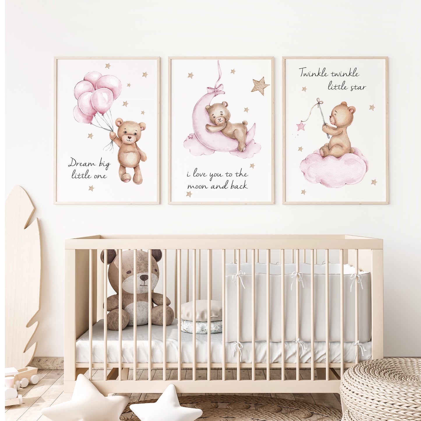 Babykamer posters set 3 stuks - Kinderkamer decoratie - Teddy beer met ballon sterren - Kinder poster