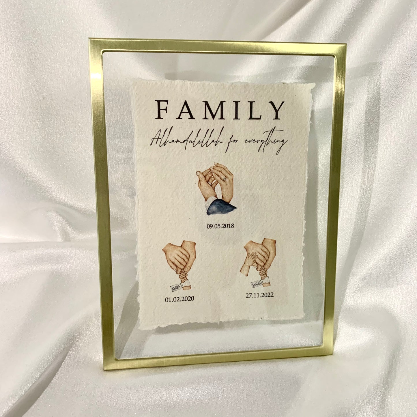 Gepersonaliseerde fotolijst met handjes van familie op handgeschepte papier Gepersonaliseerde poster met handjes - new born cadeau - familie poster - kraam cadeau - ouders met kinder handjes - baby habdjes met hun ouders - new born cadeau - pasgeboren baby kado - familie met baby handjes -