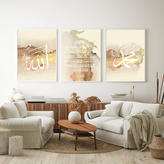 islamitische posters set van 3 - allah - muhammed -ayat el kursu - woondecoratie - islam wall art - islamic art - islamitische kunst - duvar poster - muslim art - gepersonaliseerde posters- islam Calligraphy