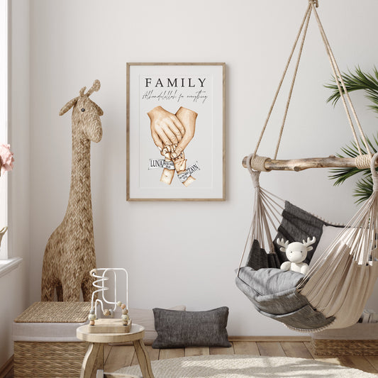 Gepersonaliseerde fotolijst met handjes van familie op handgeschepte papier Gepersonaliseerde poster met handjes - new born cadeau - familie poster - kraam cadeau - ouders met kinder handjes - baby habdjes met hun ouders - new born cadeau - pasgeboren baby kado - familie met baby handjes -